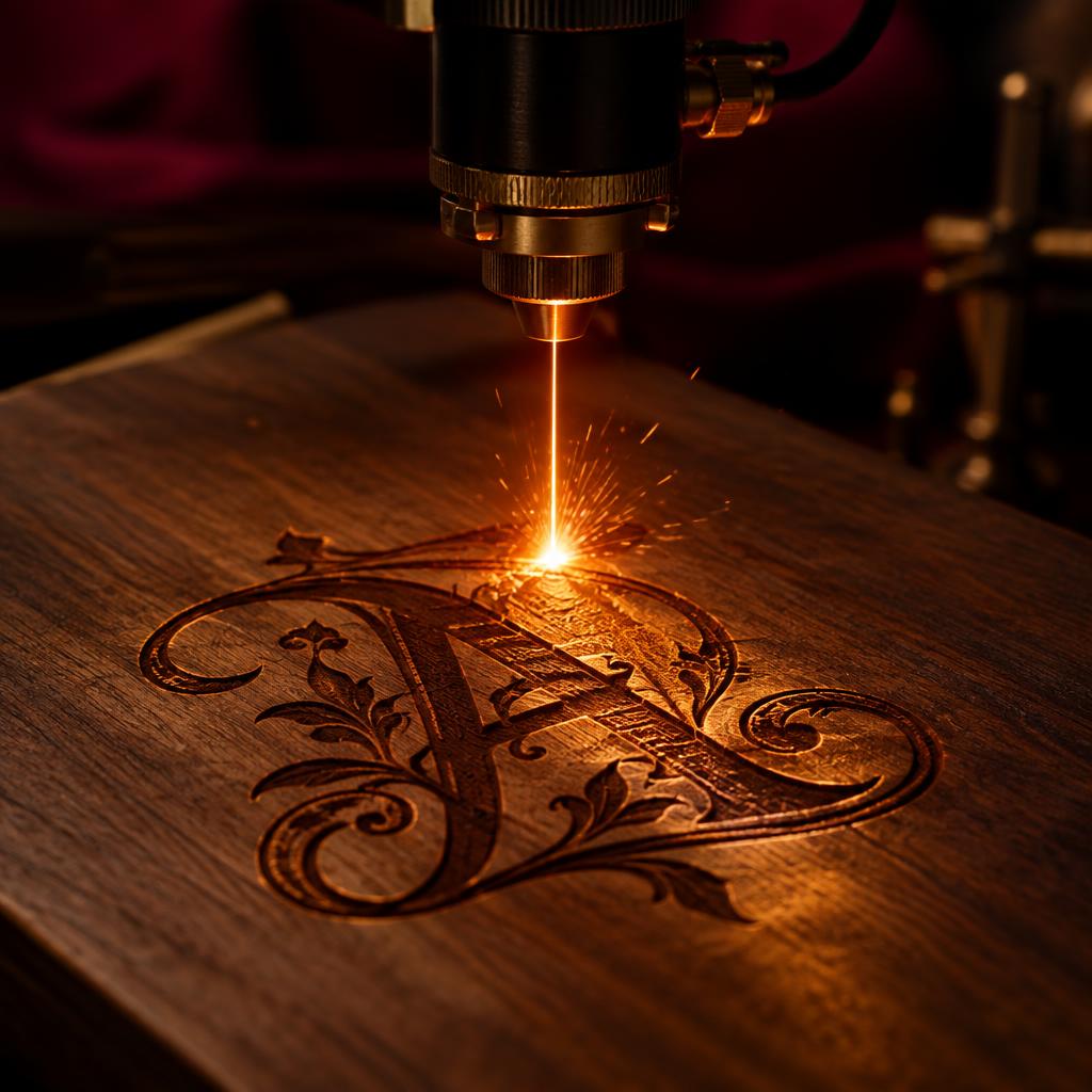 Gravação a laser criando um desenho detalhado em madeira